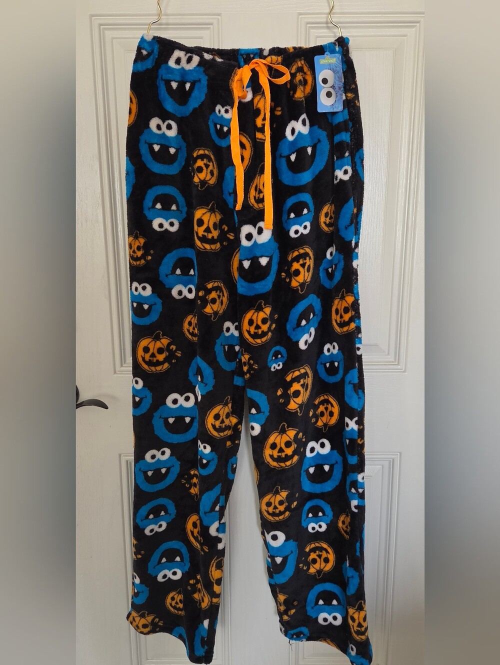 NWT Black Cookie Monster & Jack-o-Lantern Fleece Halloween Lounge Pants, Sz L